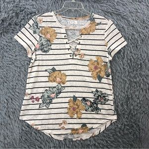 Maurices Shirt 24/7 Womens Large Shoelace Vneck Flower Stripe Burnout